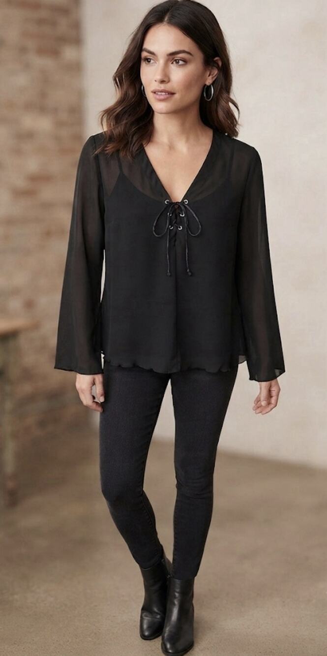 Mandee Black LS Lace Up Sheer Tunic Top Goth Dark Academia Witchy Y2K Festival L